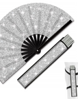 Großer Fächer 64 cm Glitter Silber mit Tasche