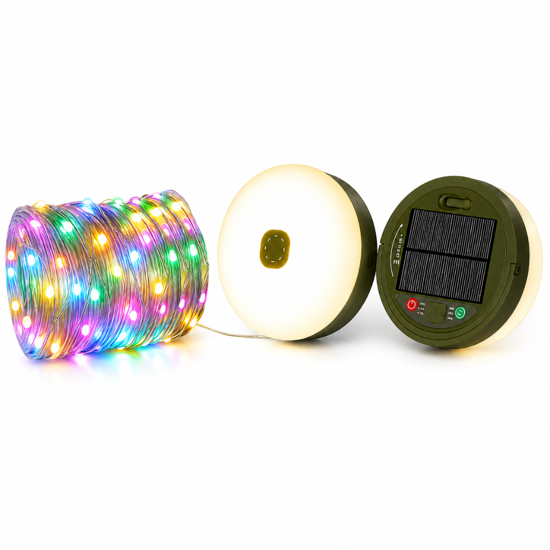Solar Camping-Lichterkette 10 m Mehrfarbig mit LED-Lampe & USB – FestivalStuff