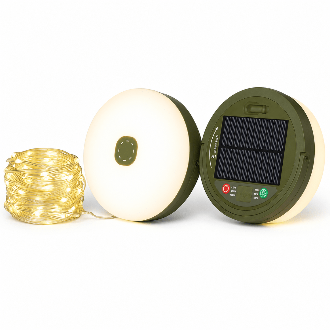 Solar Camping-Lichterkette 10 m Warmweiß mit LED-Lampe & USB-Aufladung – FestivalStuff