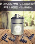Ohrenstöpsel - Set "Jute Nacht" | Ohrstöpsel zum Schlafen | 2 Paar | S+ M / L | 2 Aluminium Transport Behälter - BERLIN EAR GUARD® OHRSTÖPSEL SHOP