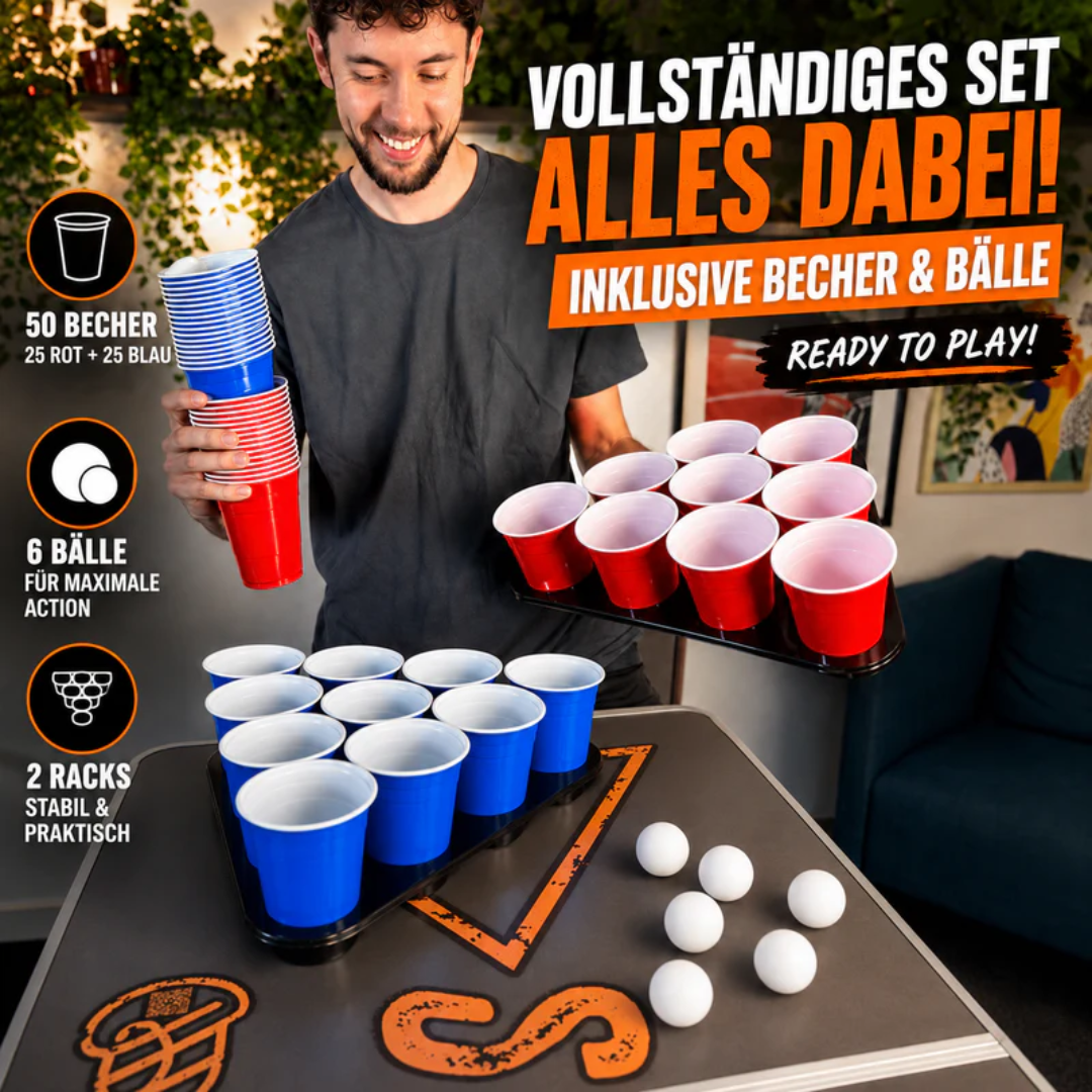Beer Pong Tisch Set Rocks – inkl. 60 Becher, 6 Bälle & 2 Racks