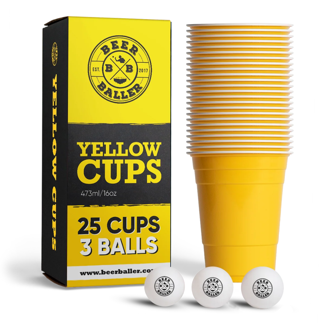 Beer Pong Becher Set Gelb (25x inkl. 3 Bällen)