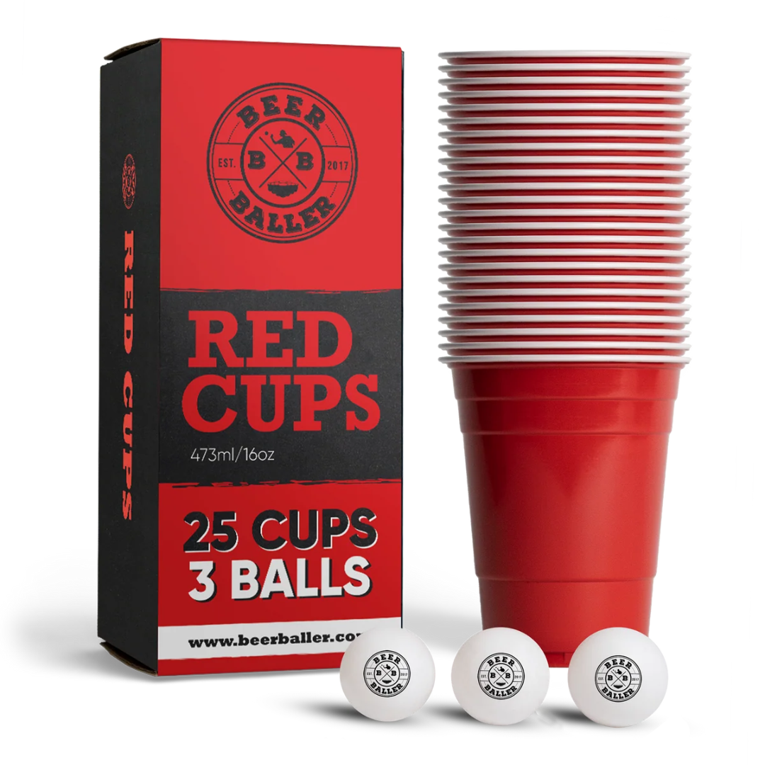Beer Pong Becher Set Rot (25x inkl. 3 Bällen)