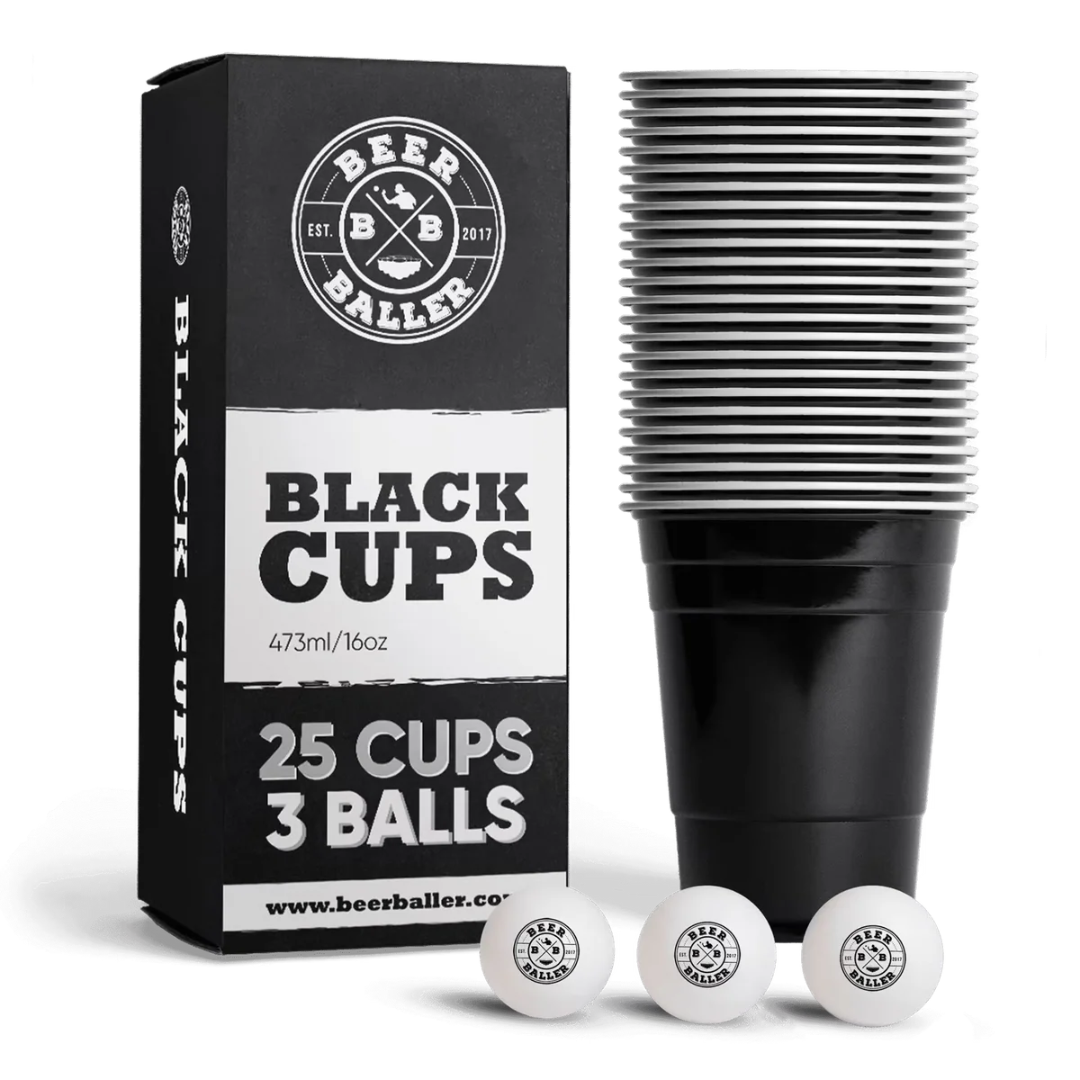 Beer Pong Becher Set Schwarz (25x inkl. 3 Bällen)