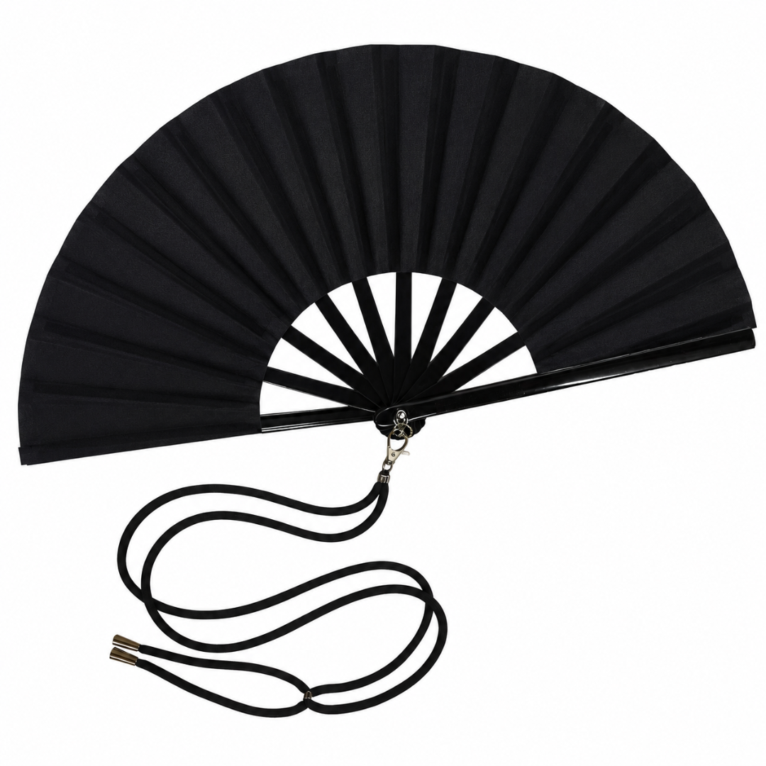 Großer Fächer 66cm Schwarz mit Umhängeband