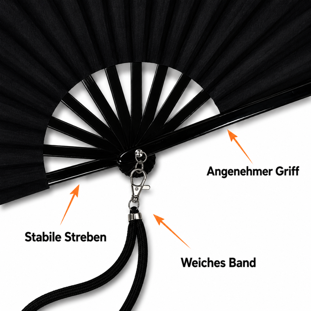 Großer Fächer 66cm Schwarz mit Umhängeband