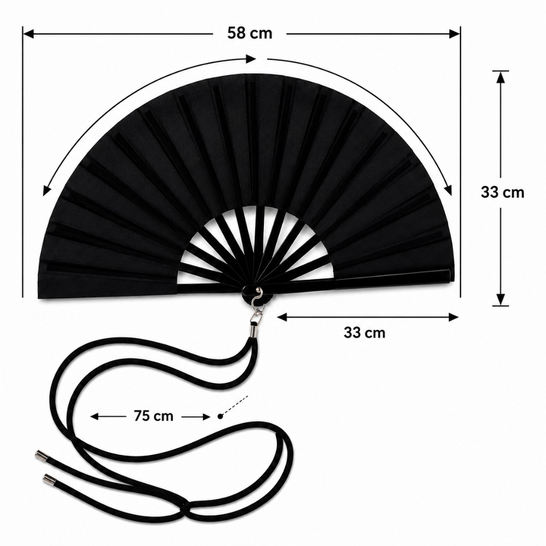 Großer Fächer 66cm Schwarz mit Umhängeband