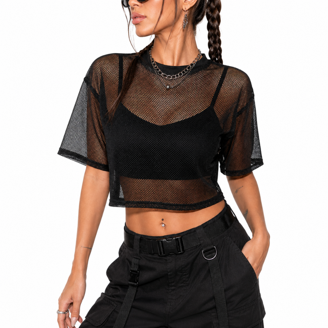 Mesh Crop Top Set Schwarz 2-teilig