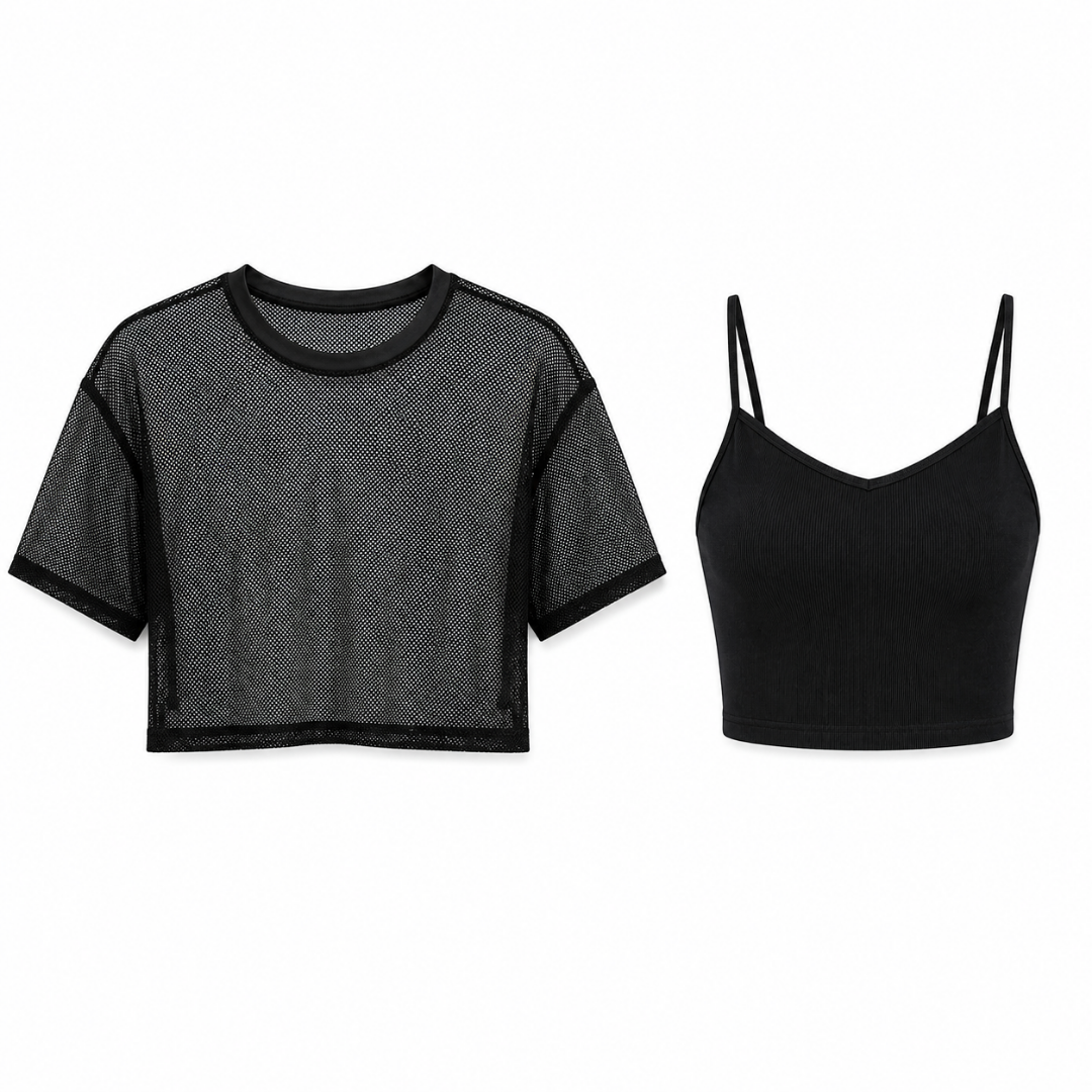 Mesh Crop Top Set Schwarz 2-teilig