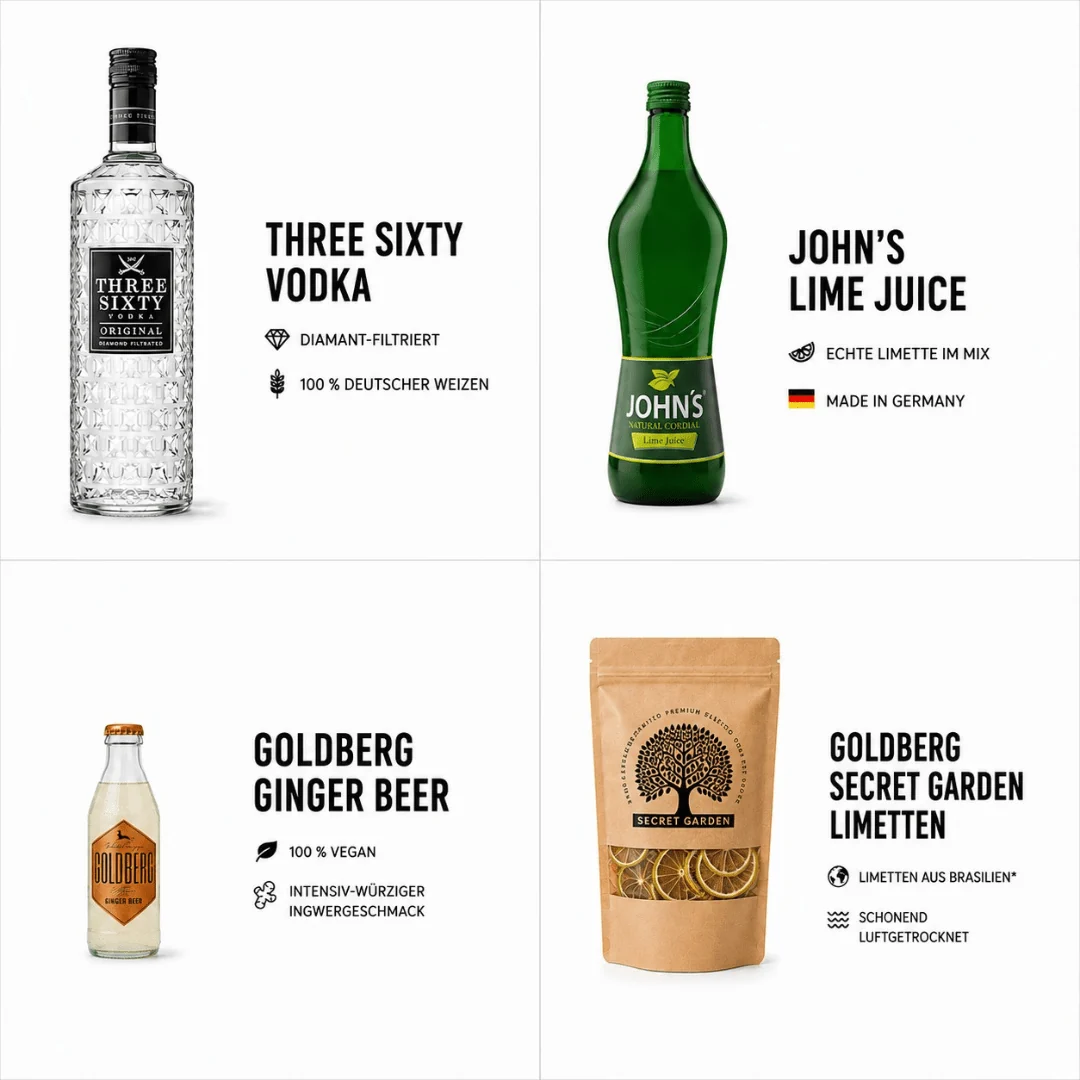 Moscow Mule Starter Kit mit THREE SIXTY Kupferbechern