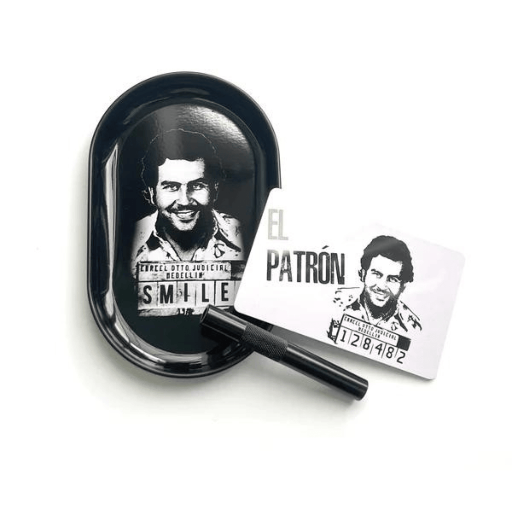 SET Escobar 1x Metall (Blech) Brettchen inkl. Ziehröhrchen und El Patron Karte/Hackkarte - FestivalStuff