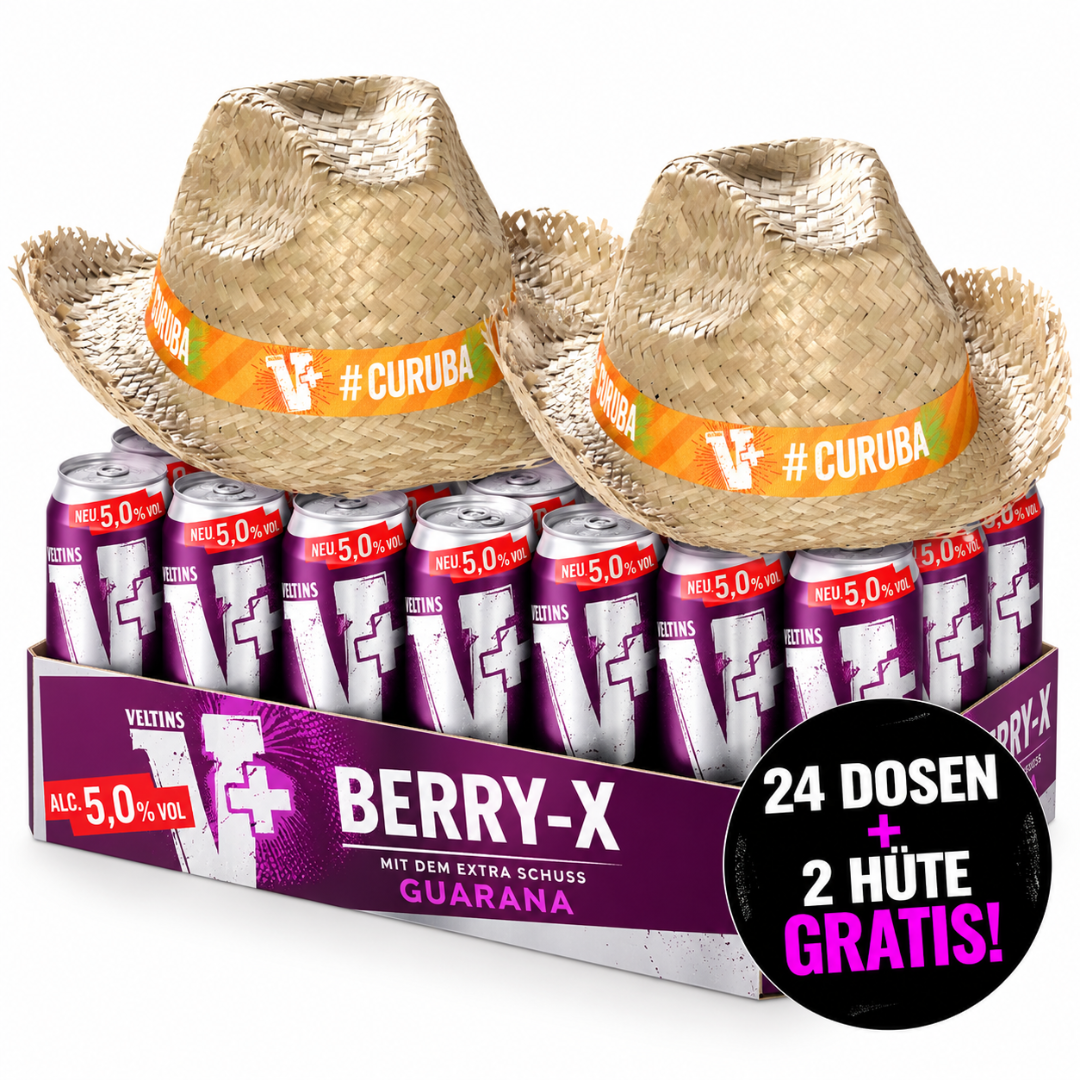 Veltins V+ Berry-X 24× 0,5L + 2 V+ Strohhüte Gratis