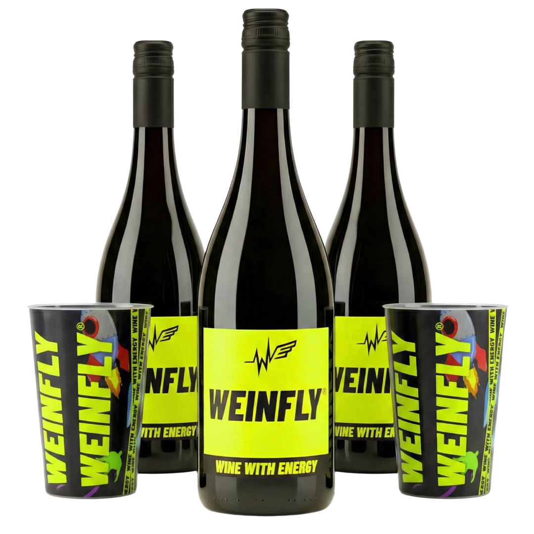 Weinfly 3x 0,75l + 2 Becher – Energy Wein Party Set