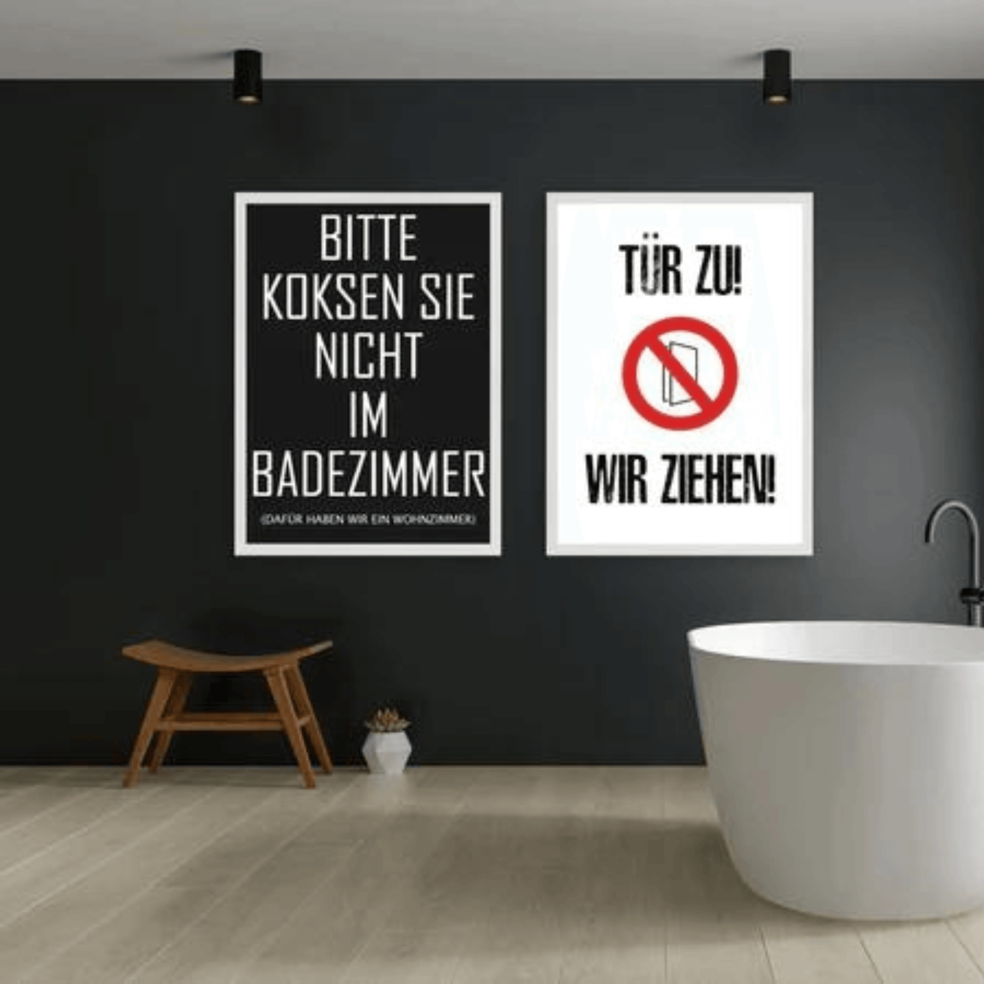 Poster/Plakat SET A3 „Tür zu! Wir ziehen!" + "Bitte Koksen Sie nicht im Badezimmer" inkl. Rahmen - FestivalStuff