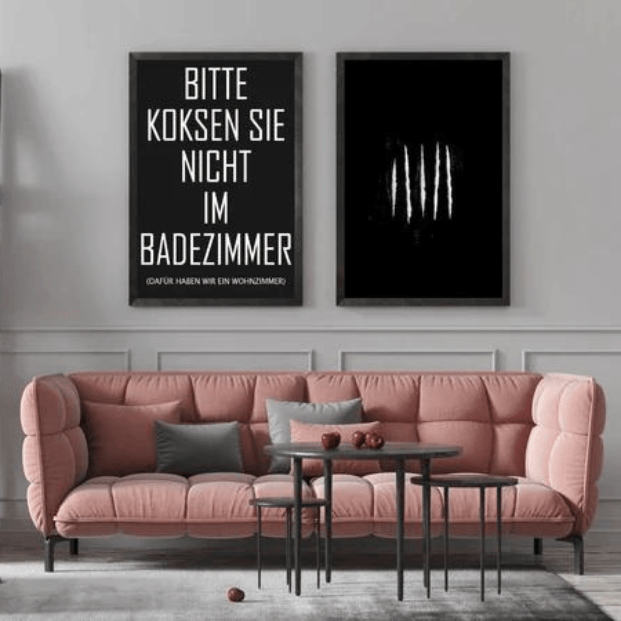 Poster/Plakat SET A3 „Bitte Koksen Sie nicht im Badezimmer - dafür haben wir ein Wohnzimmer“ + &quot;Lines&quot; inkl. Rahmen - FestivalStuff