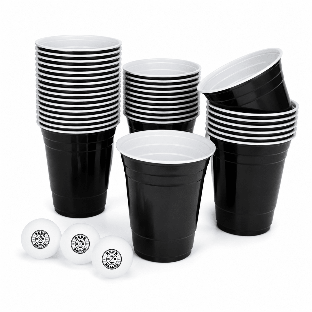 Beer Pong Becher Set Schwarz (25x inkl. 3 Bällen) - FestivalStuff