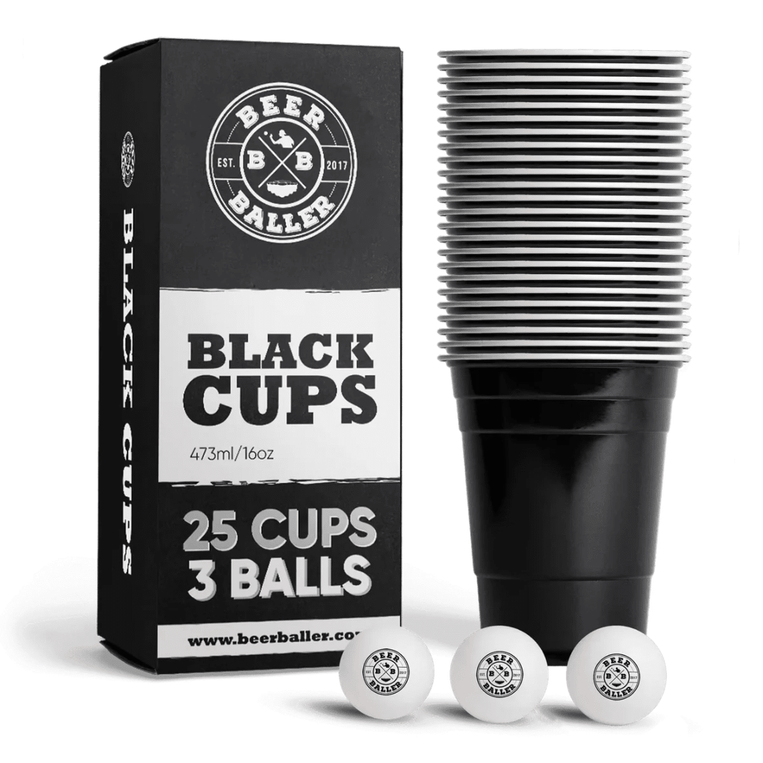 Beer Pong Becher Set Schwarz (25x inkl. 3 Bällen) - FestivalStuff