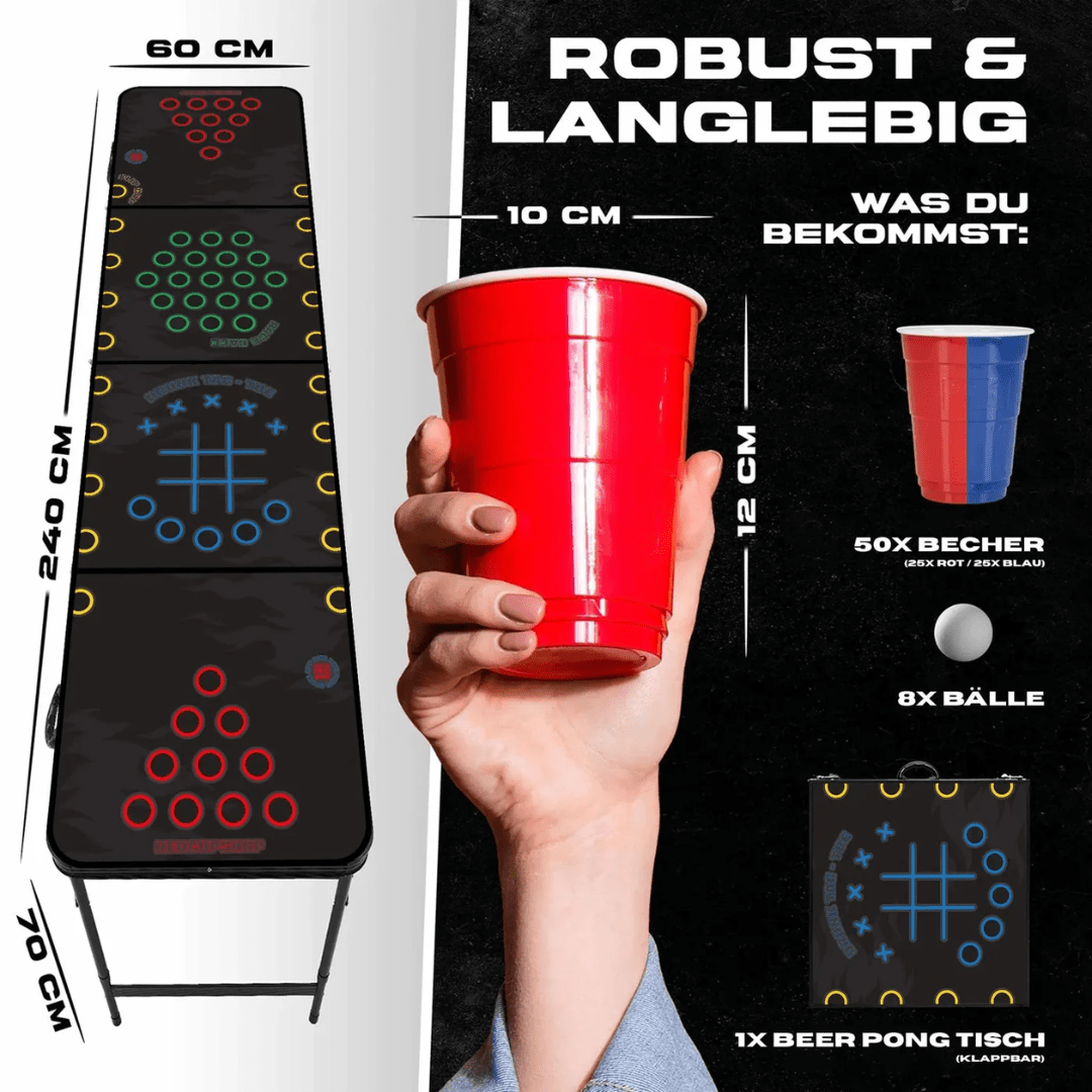 Beer Pong Tisch Set "Multigame" inkl. 50 Becher & 8 Bälle - FestivalStuff