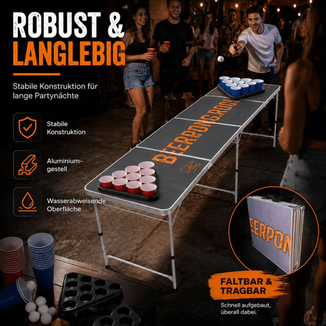 Beer Pong Tisch Set Rocks – inkl. 60 Becher, 6 Bälle & 2 Racks - FestivalStuff