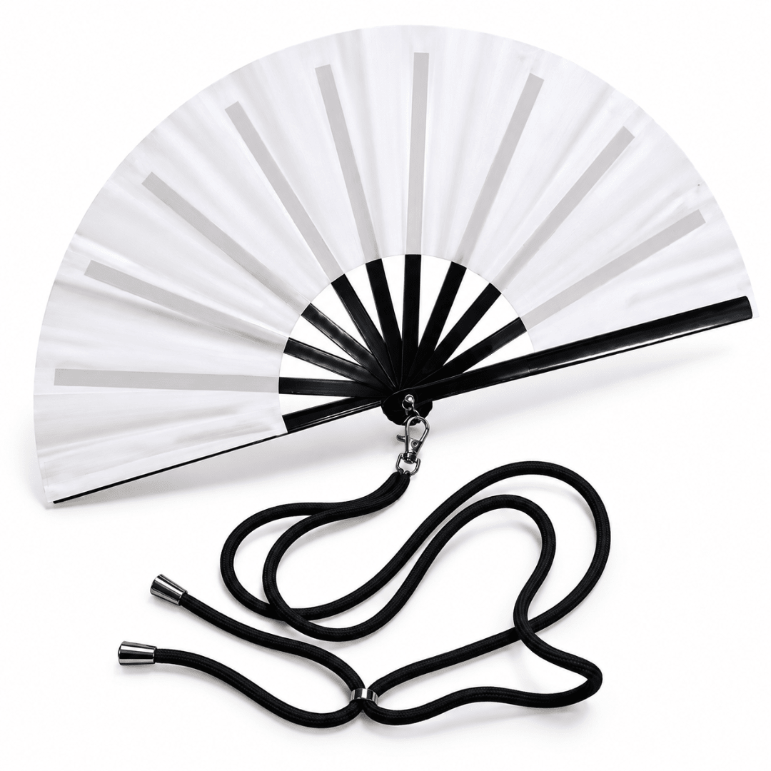 Großer Fächer 60 cm Weiß mit Umhängeband in Schwarz - FestivalStuff