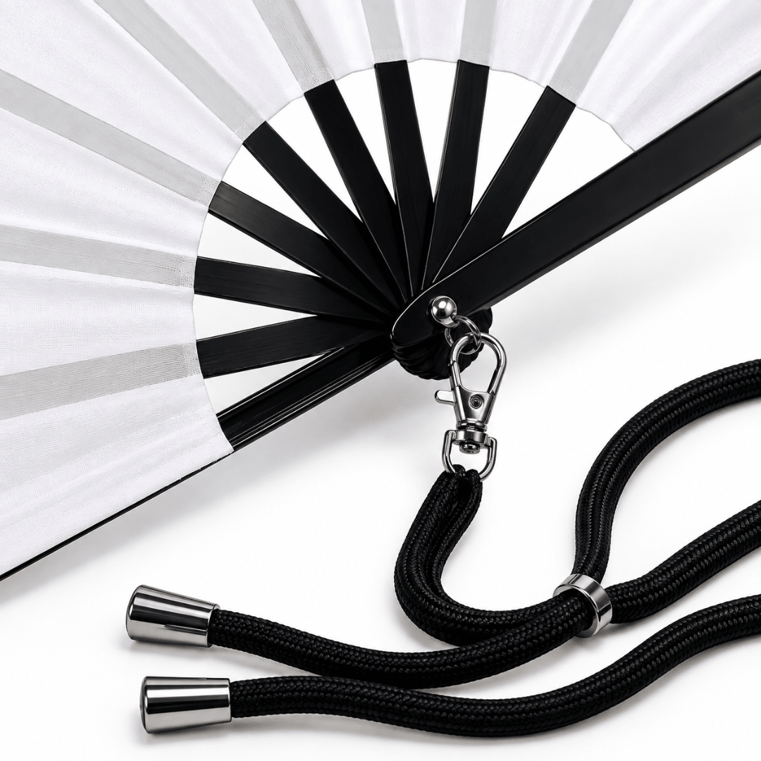 Großer Fächer 60 cm Weiß mit Umhängeband in Schwarz - FestivalStuff