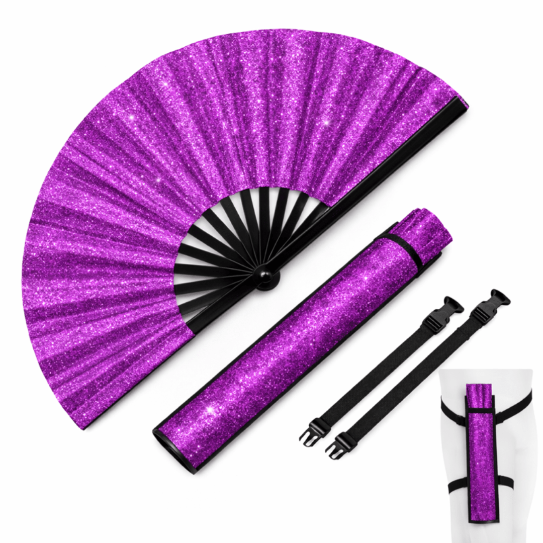 Großer Fächer 64 cm Glitter Lila mit Tasche - FestivalStuff