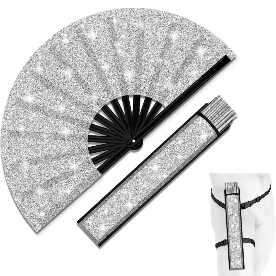 Großer Fächer 64 cm Glitter Silber mit Tasche - FestivalStuff