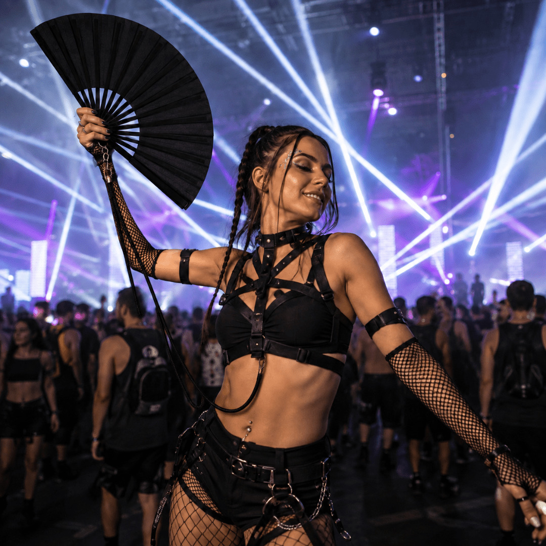 Großer Fächer 66cm Schwarz mit Umhängeband - FestivalStuff