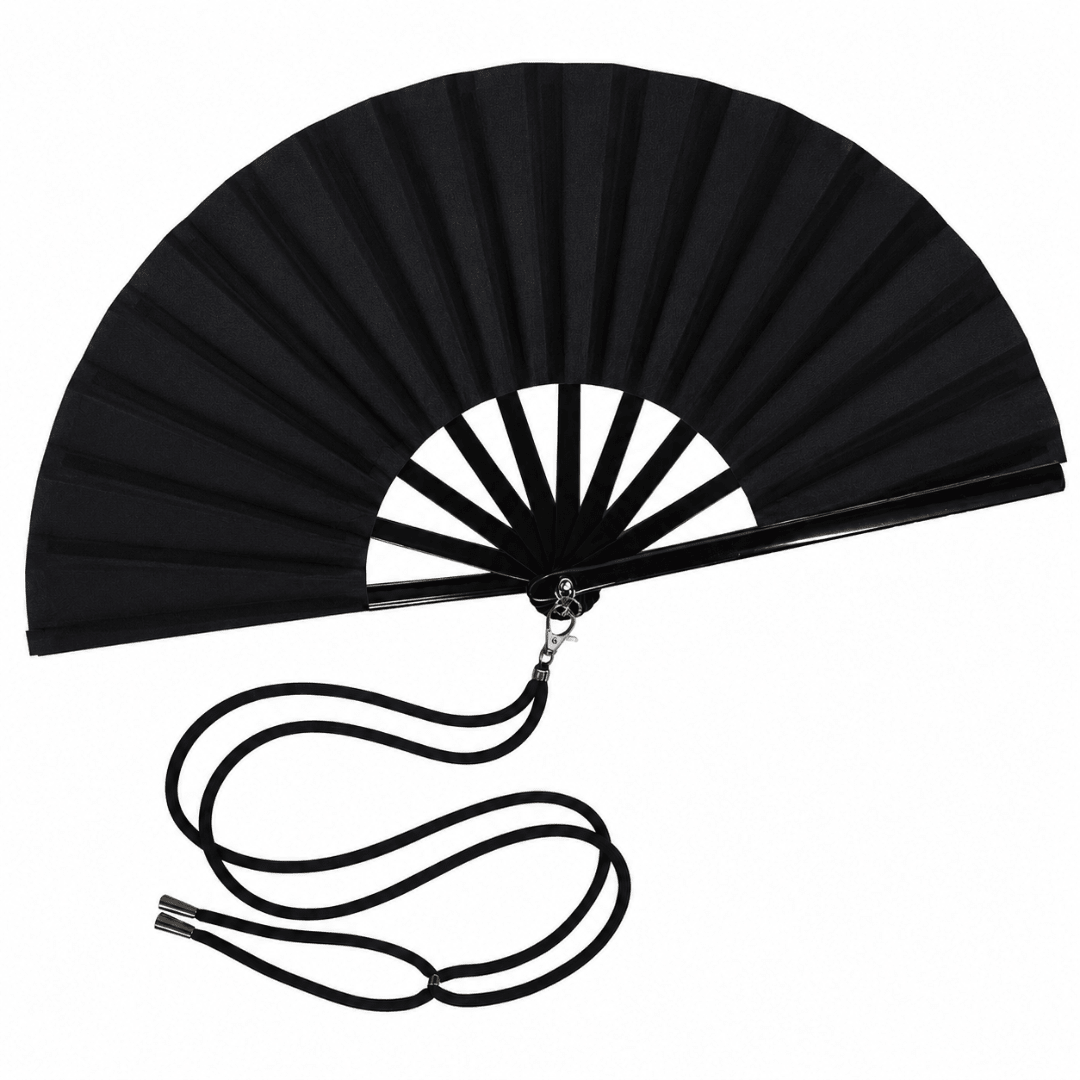 Großer Fächer 66cm Schwarz mit Umhängeband - FestivalStuff