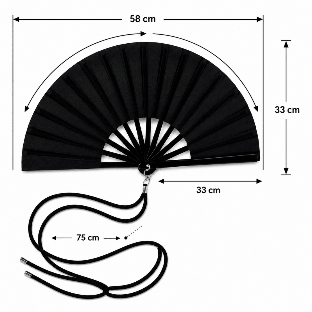 Großer Fächer 66cm Schwarz mit Umhängeband - FestivalStuff