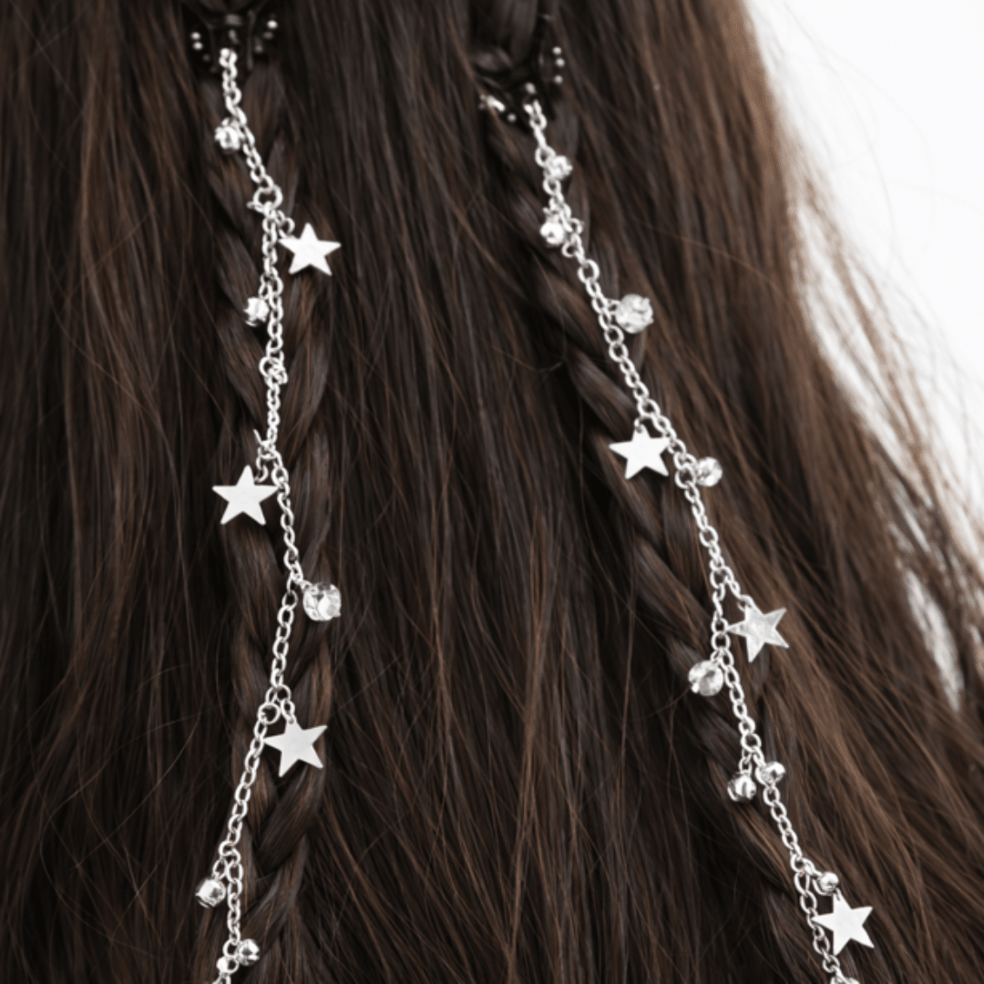 Haarschmuck Kette zum Einflechten Glitter Sterne Silber - FestivalStuff