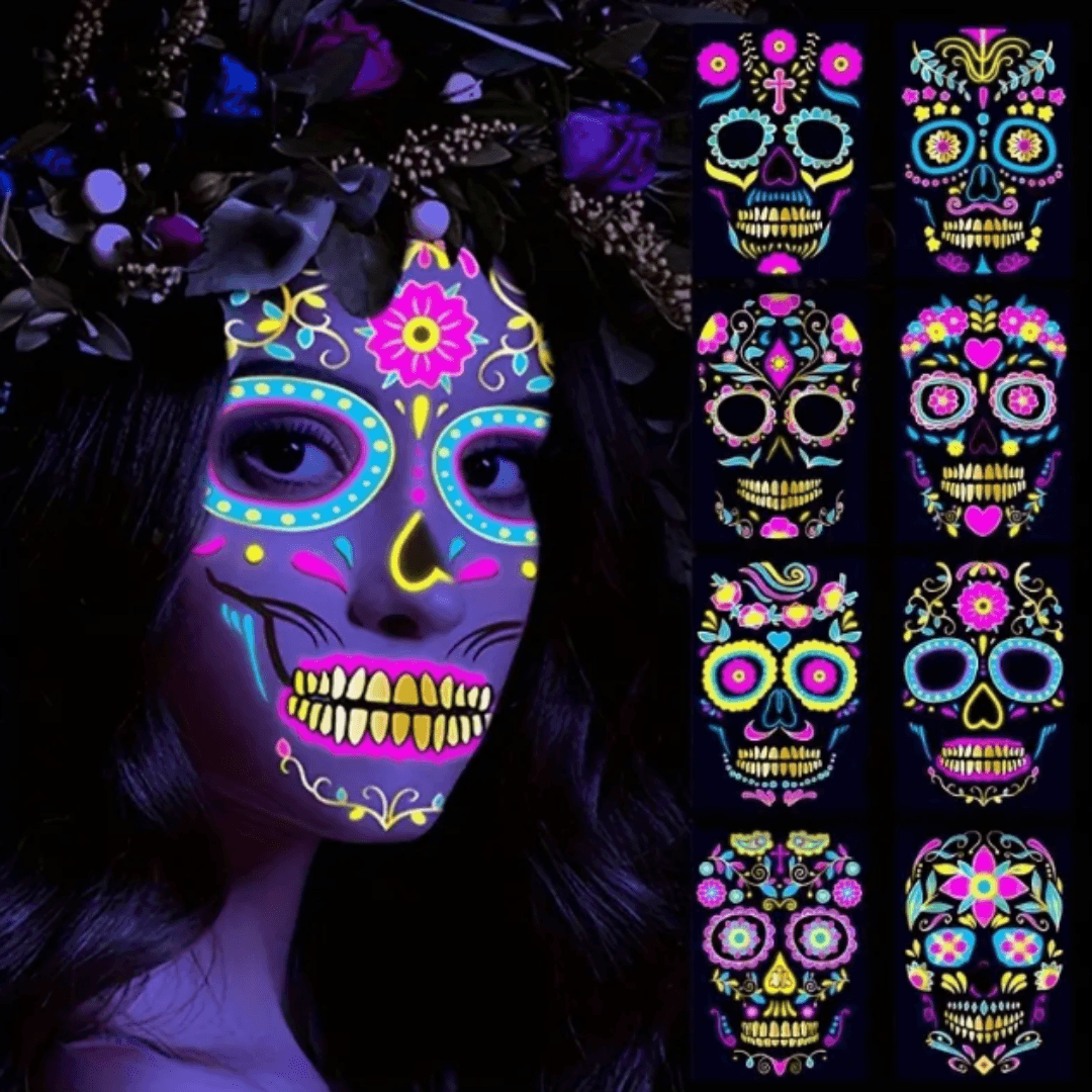 Neon - Zuckerschädel - Gesichtstattoos Aufkleber für Halloween - FestivalStuff