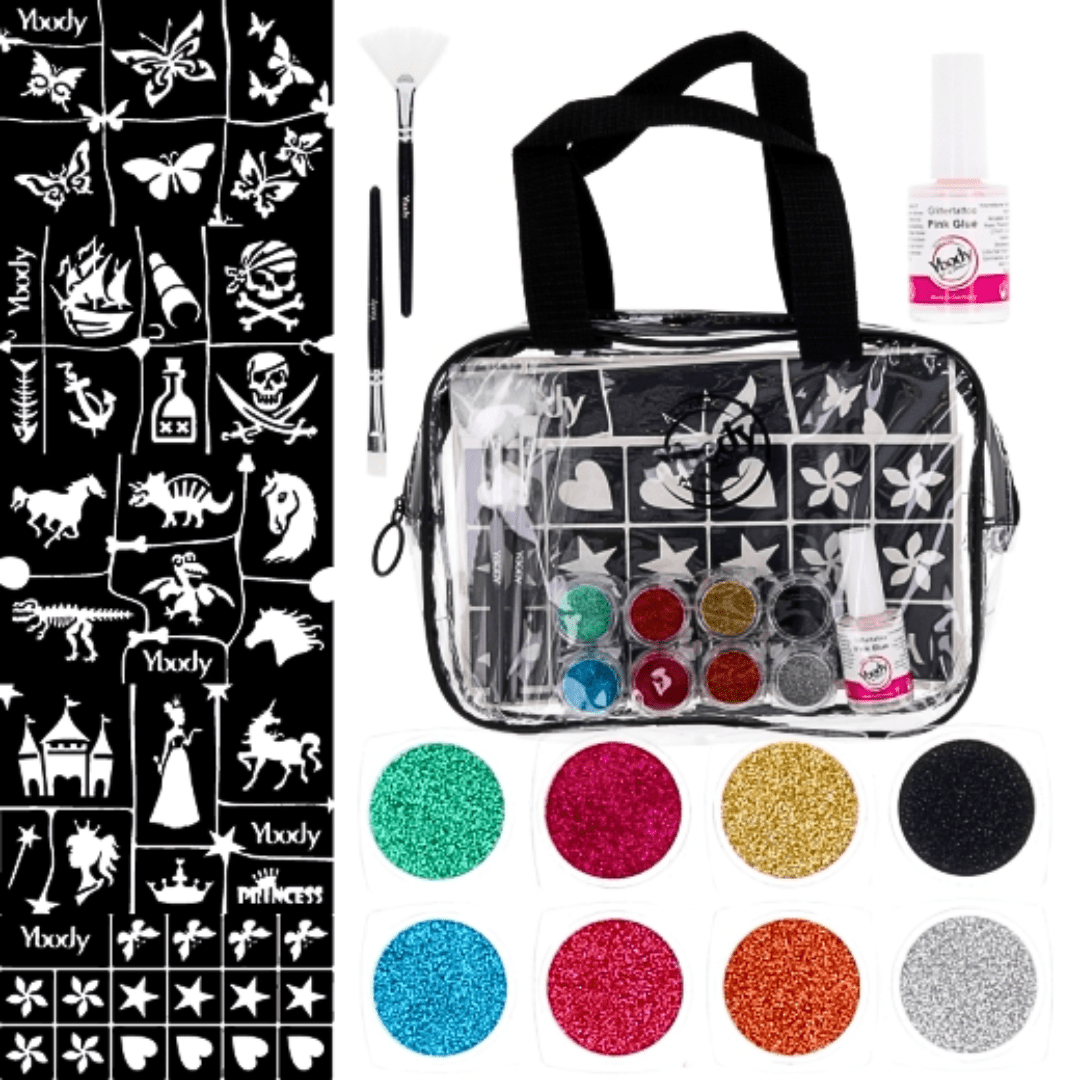 Party Set - Glitzertattooset mit 42 Schablonen & 8 Bioglitzer Farben - FestivalStuff