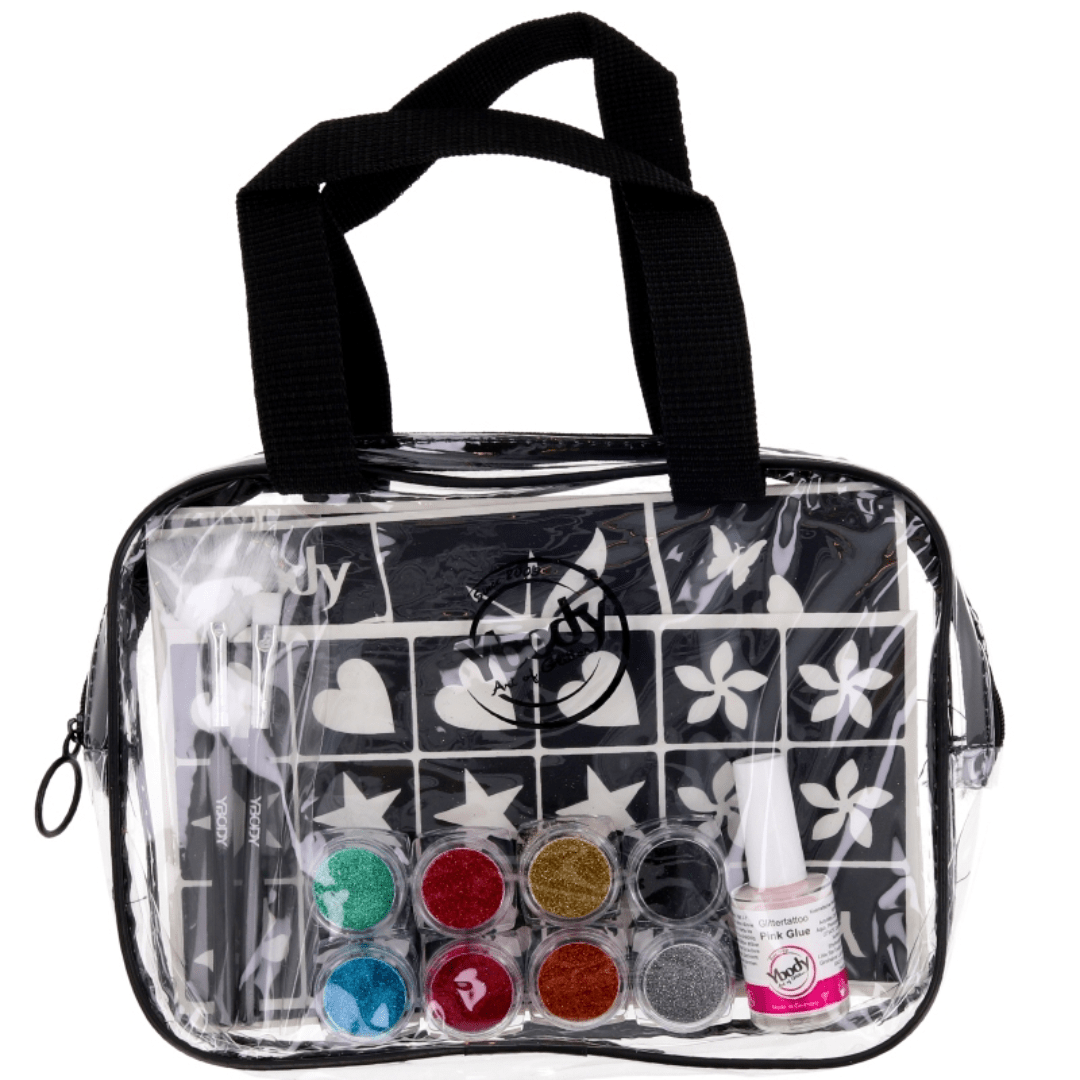 Party Set - Glitzertattooset mit 42 Schablonen & 8 Bioglitzer Farben - FestivalStuff