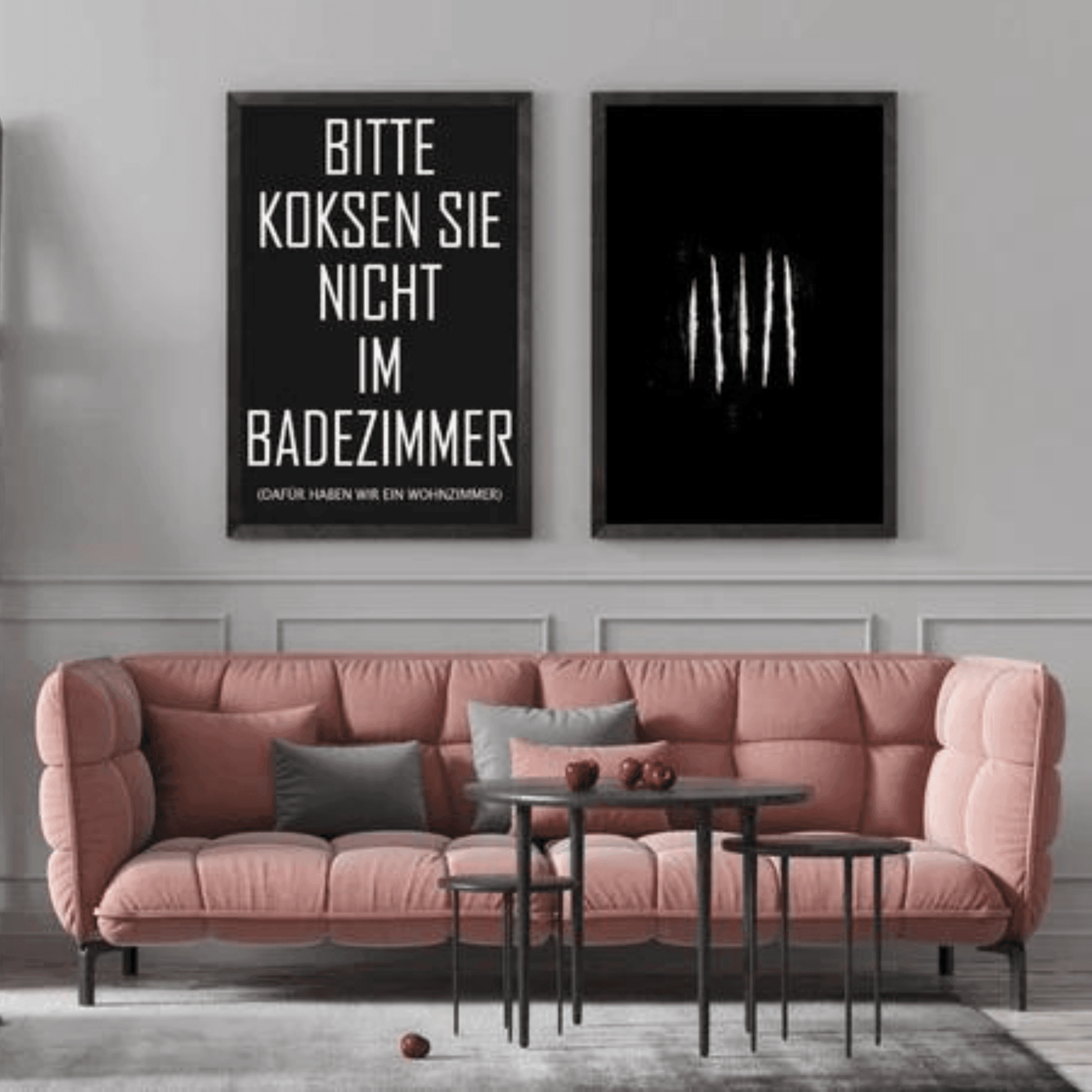Poster/Plakat SET A3 „Bitte Koksen Sie nicht im Badezimmer - dafür haben wir ein Wohnzimmer“ + "Lines" inkl. Rahmen - FestivalStuff