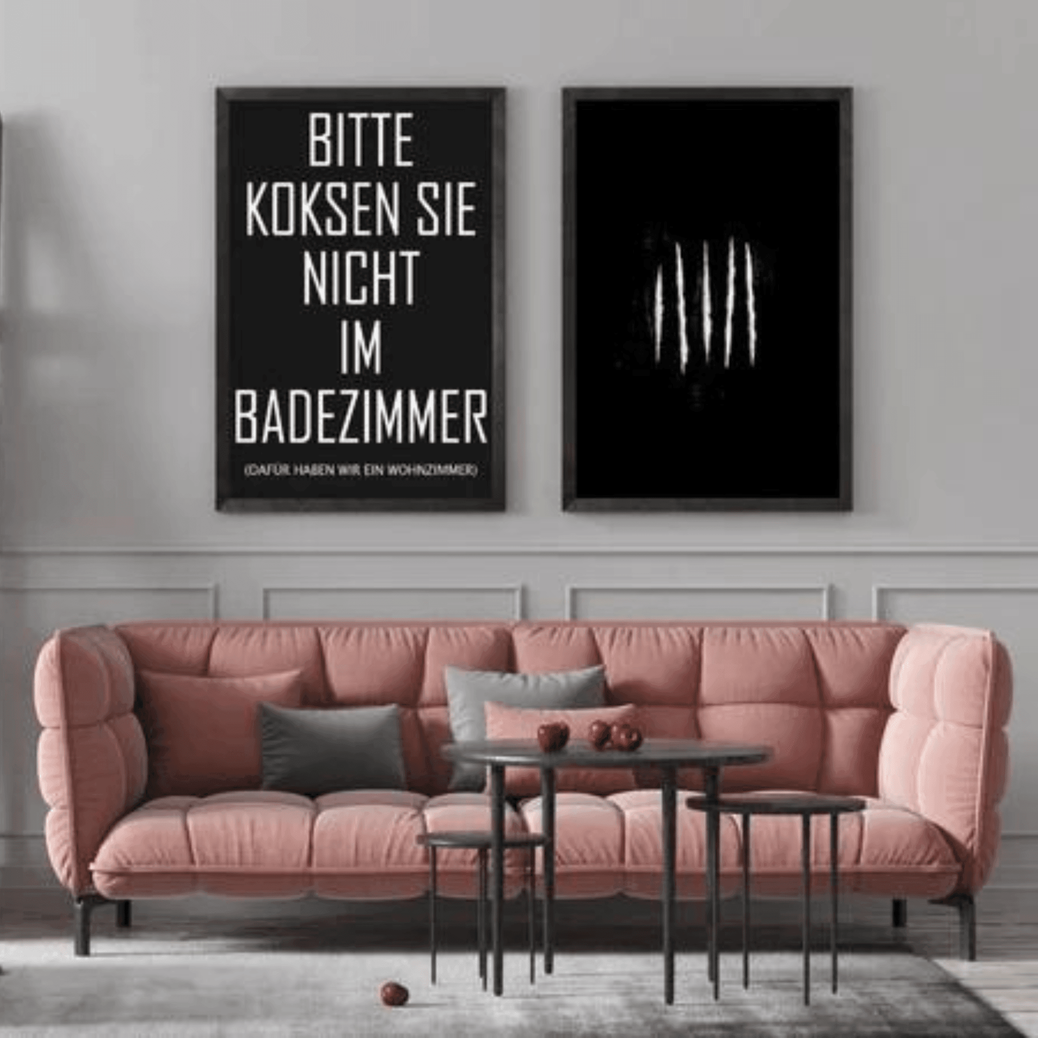 Poster/Plakat SET A3 „Bitte Koksen Sie nicht im Badezimmer - dafür haben wir ein Wohnzimmer“ + "Lines" inkl. Rahmen - FestivalStuff