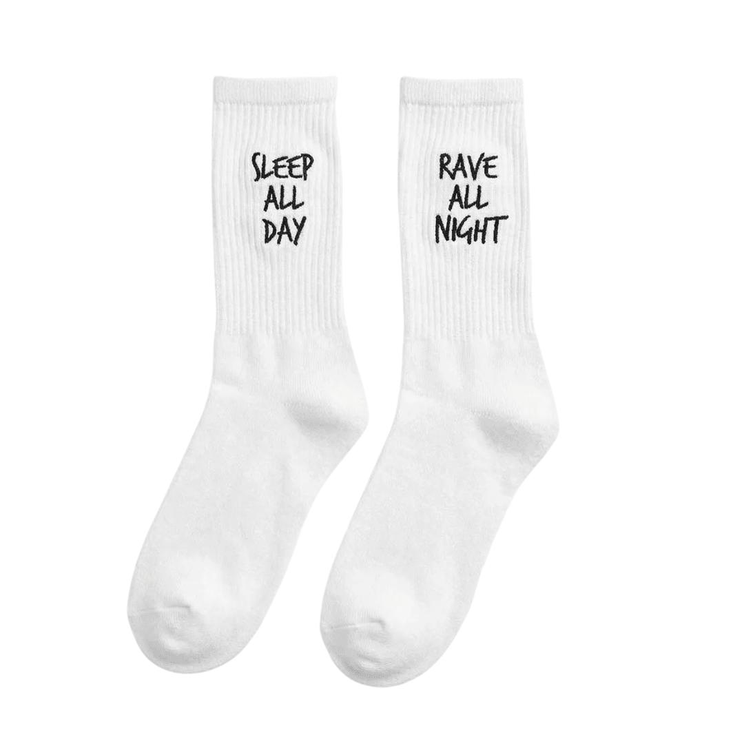 Rave All Night Sleep All Day Socken – Weiß - FestivalStuff