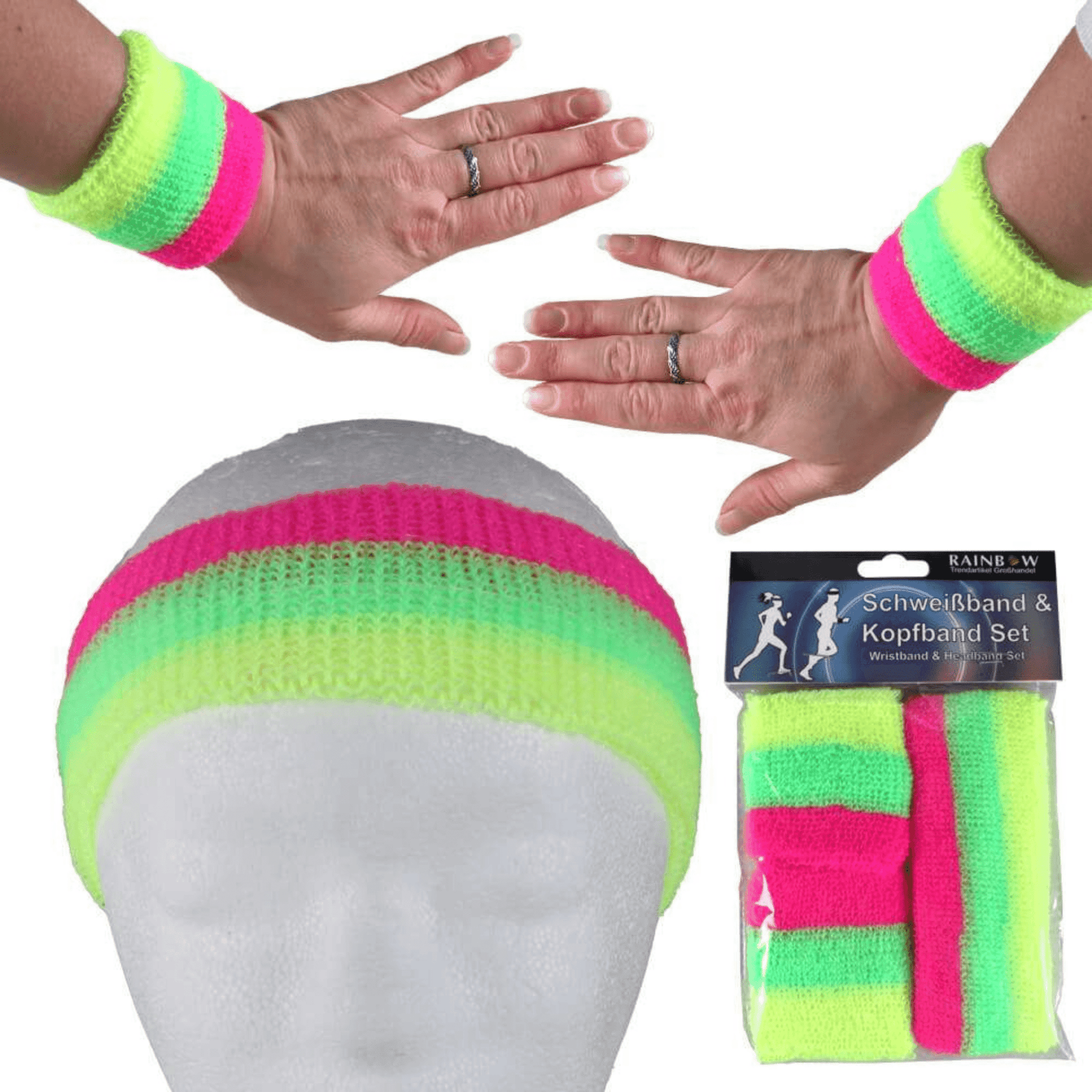 Schweißband / Stirnband 3er Set gestreift - Neon Pink Grün Gelb - FestivalStuff