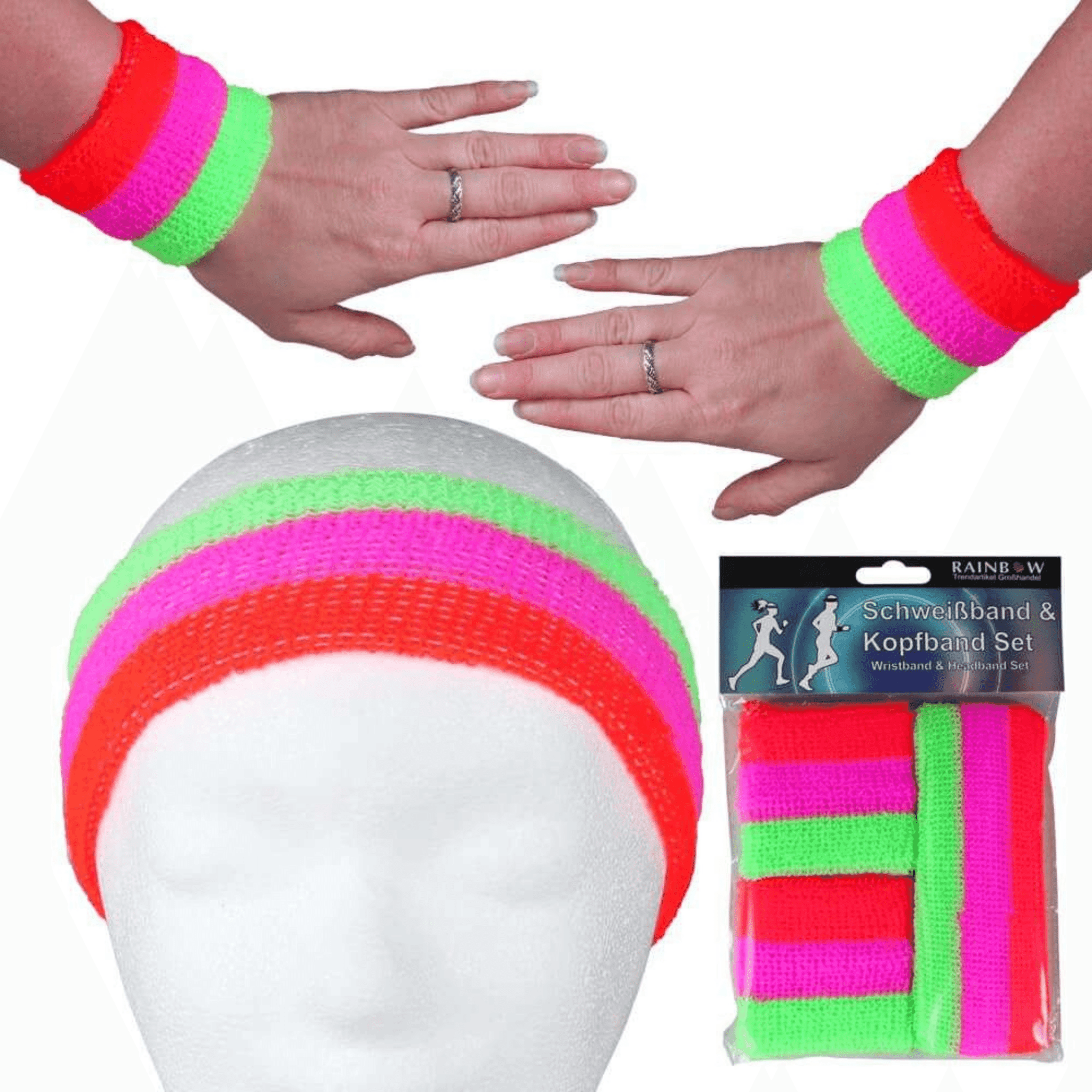 Schweißband / Stirnband 3er Set gestreift - Neon Rot Pink Grün - FestivalStuff