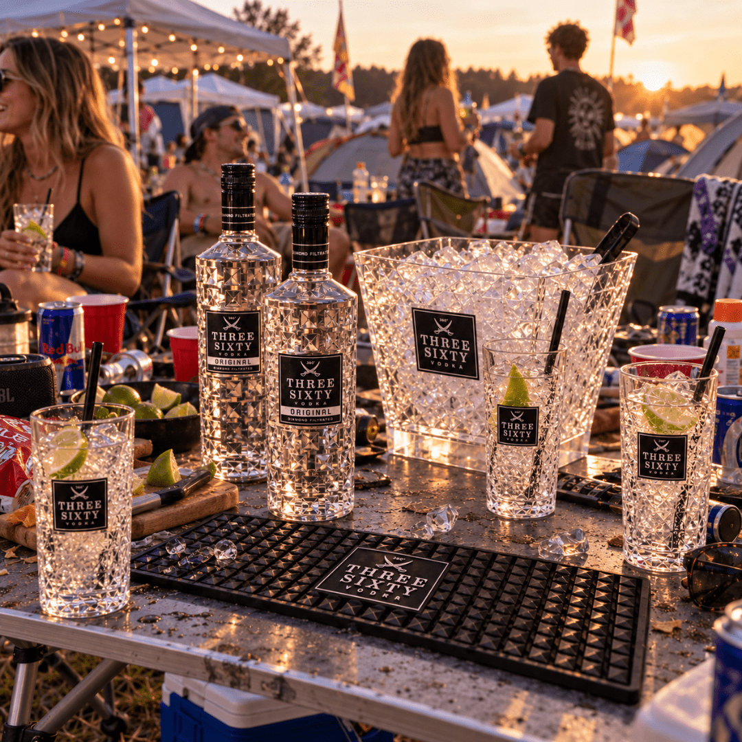 Three Sixty Festival Bar Set mit Vodka, Acrylgläsern, Kühler & Barmatte - FestivalStuff