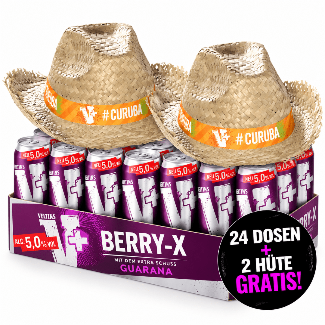 Veltins V+ Berry-X 24× 0,5L + 2 V+ Strohhüte Gratis - FestivalStuff