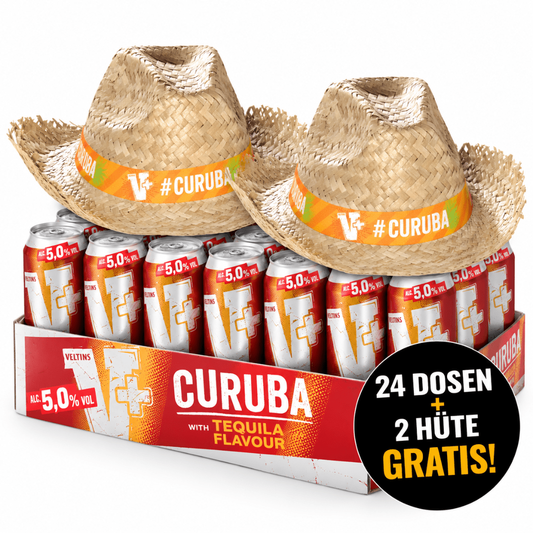 Veltins V+ Curuba 24× 0,5L + 2 V+ Strohhüte Gratis - FestivalStuff