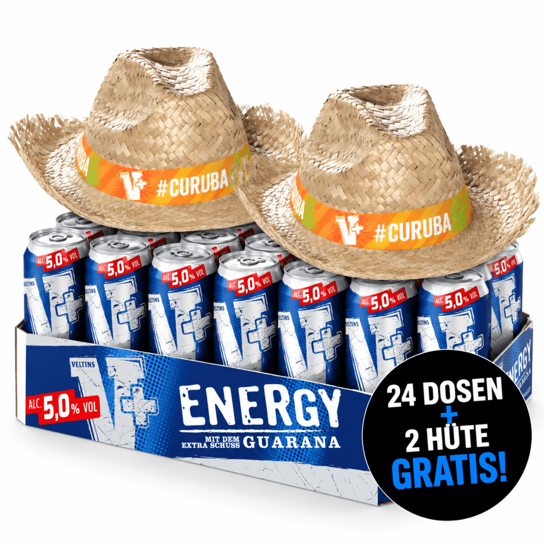 Veltins V+ Energy 24× 0,5L + 2 V+ Strohhüte Gratis - FestivalStuff