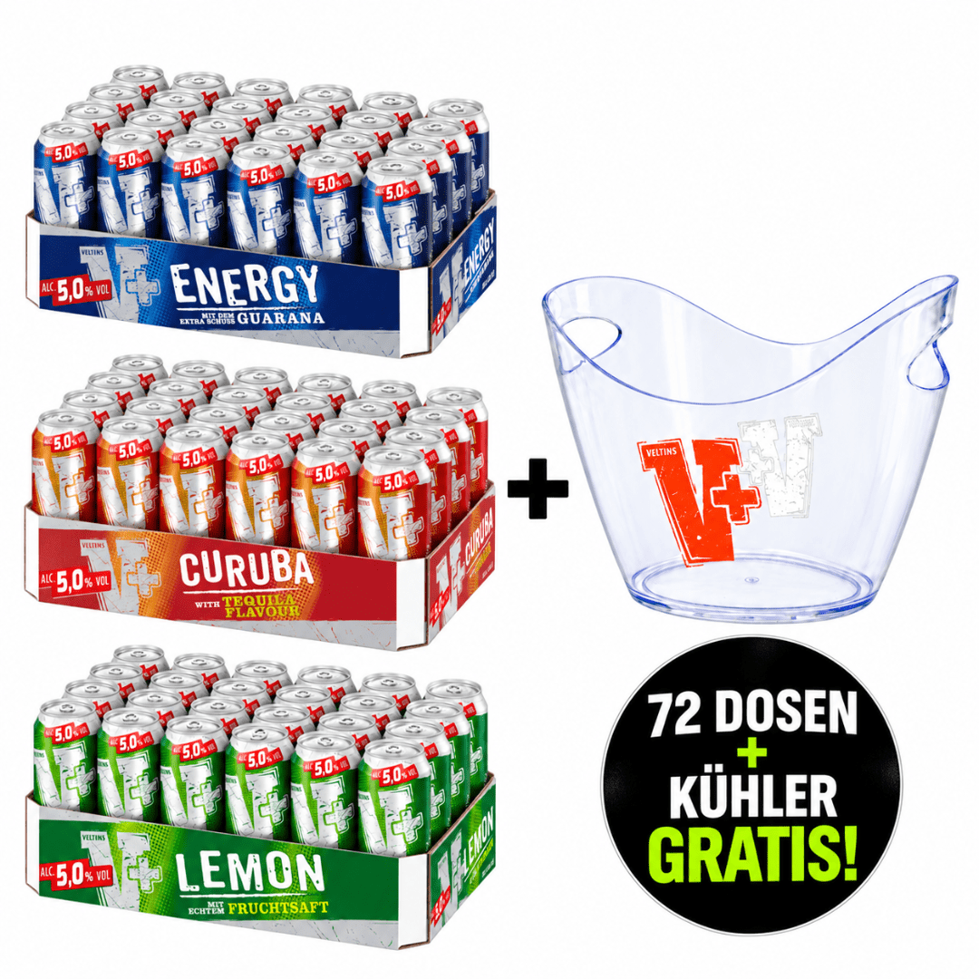 Veltins V+ Festival Mix Set 72 Dosen + 7,5 l Eiseimer GRATIS - FestivalStuff