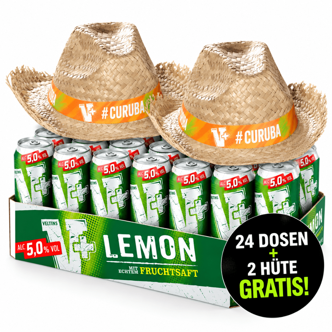 Veltins V+ Lemon 24× 0,5L + 2 V+ Strohhüte Gratis - FestivalStuff