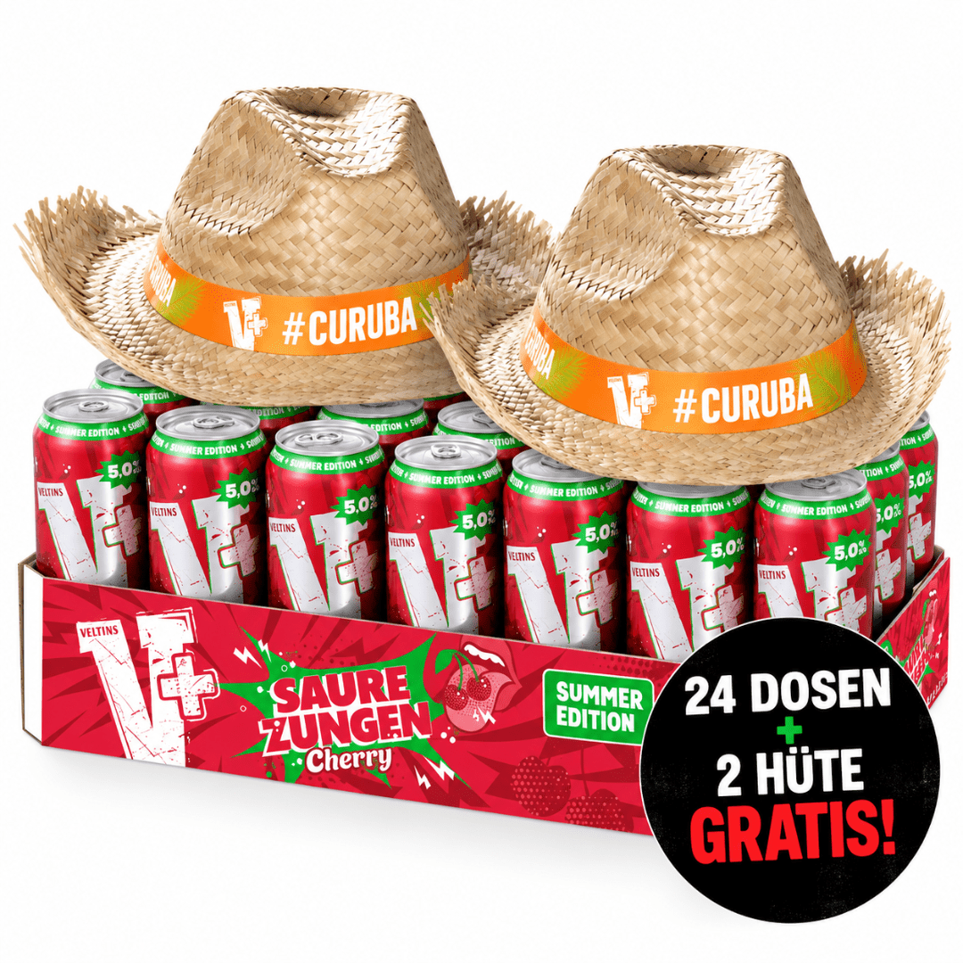Veltins V+ Saure Zungen Cherry 24× 0,5L + 2 Strohhüte Gratis - FestivalStuff
