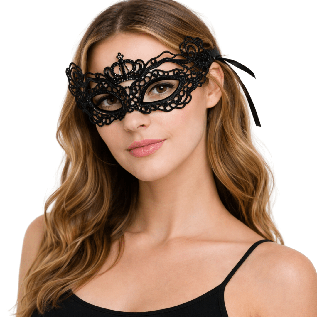 Venezianische Spitzenmaske Schwarz Crown - FestivalStuff