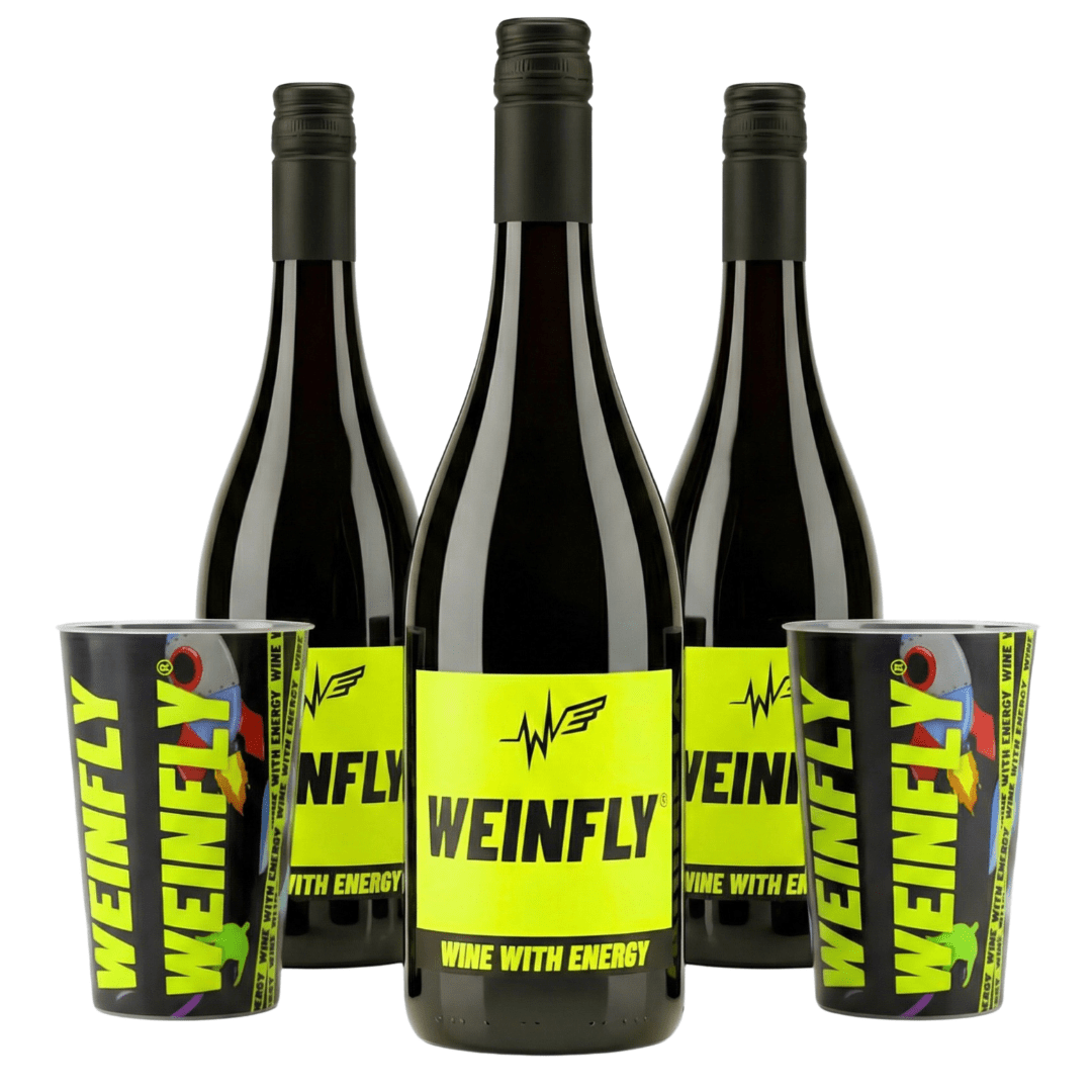 Weinfly 3x 0,75l + 2 Becher – Energy Wein Party Set - FestivalStuff